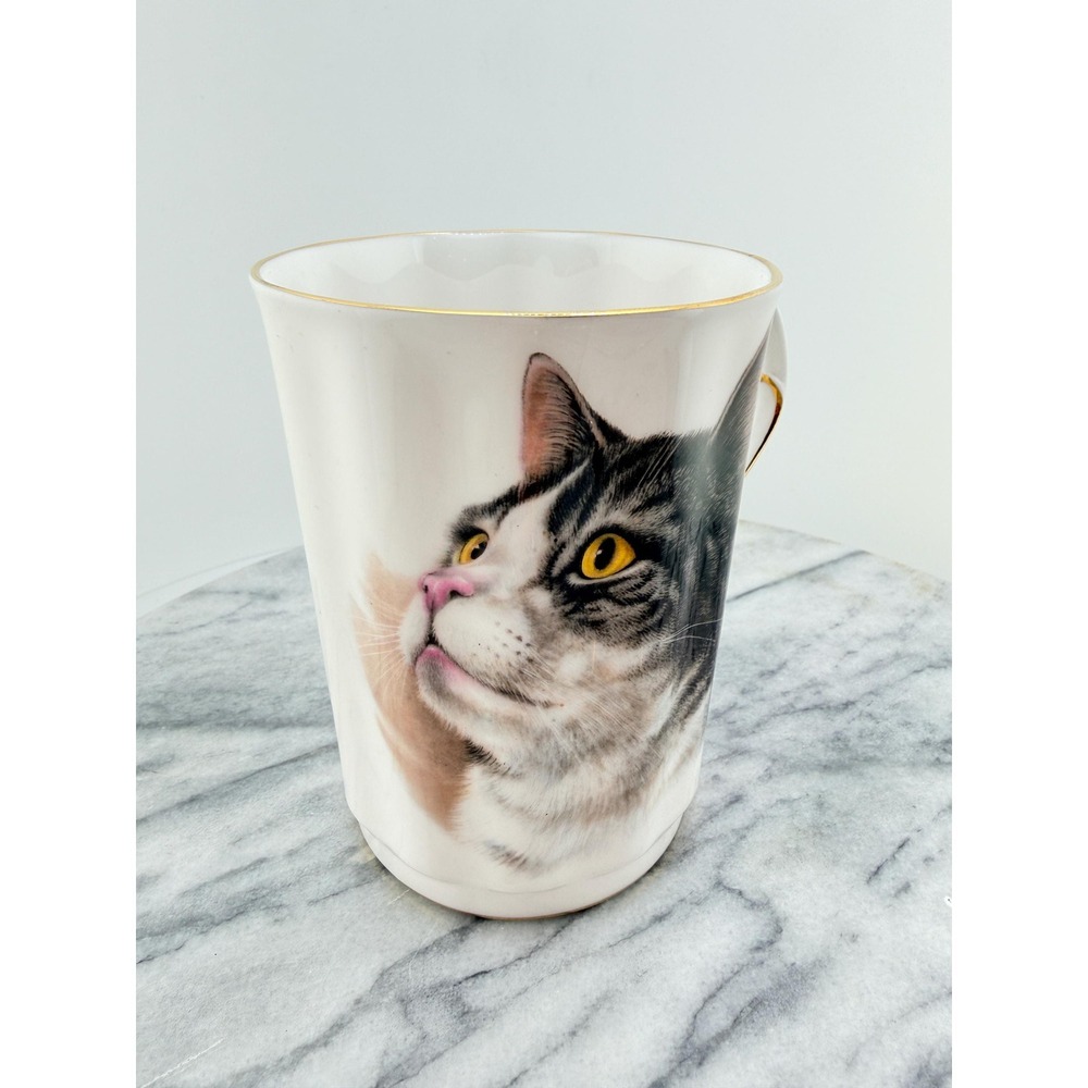 Vintage Tabby Cat Portrait Mug Gold Trim Handle Elegant China Coffee or Tea Cup - Picture 6 of 9